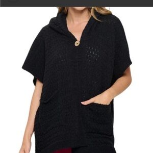 Dark Gray  Hooded Cable Knit Poncho Sweater with Front Pockets